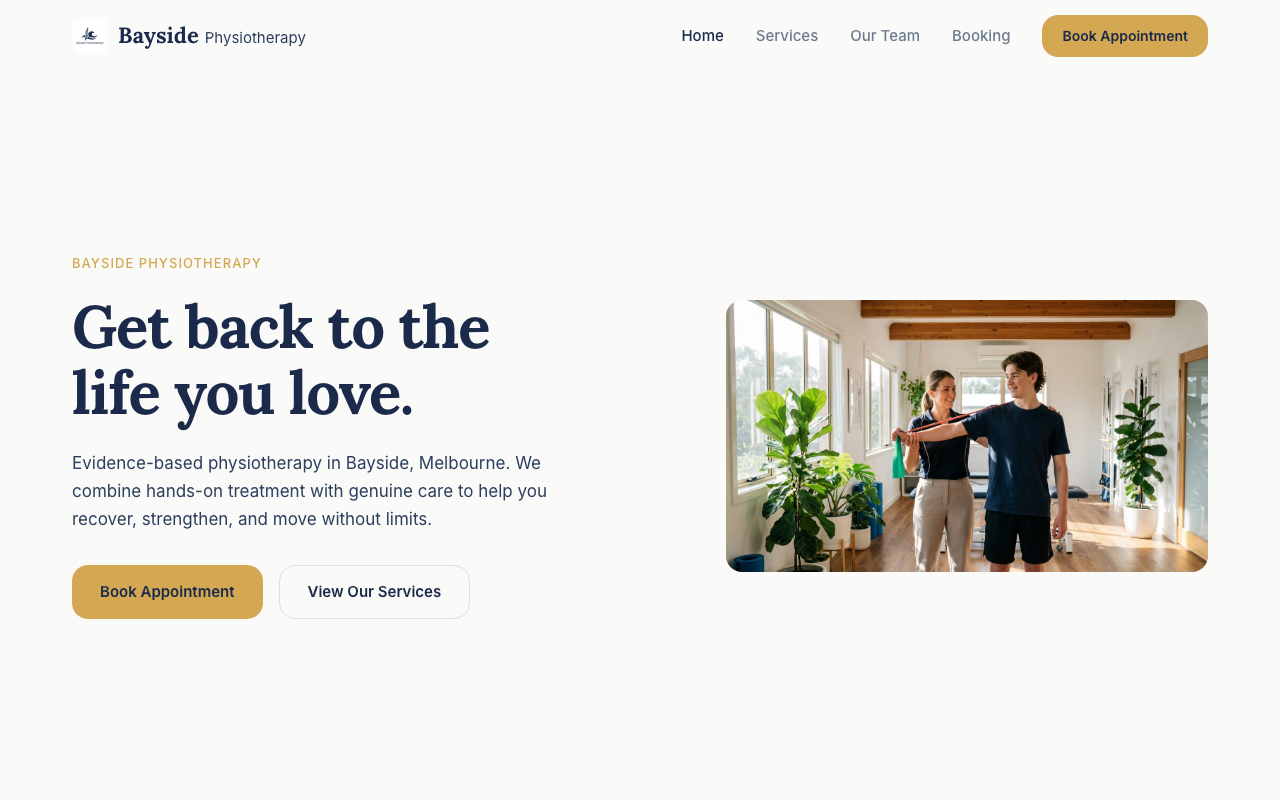 Bayside Physiotherapy website homepage screenshot