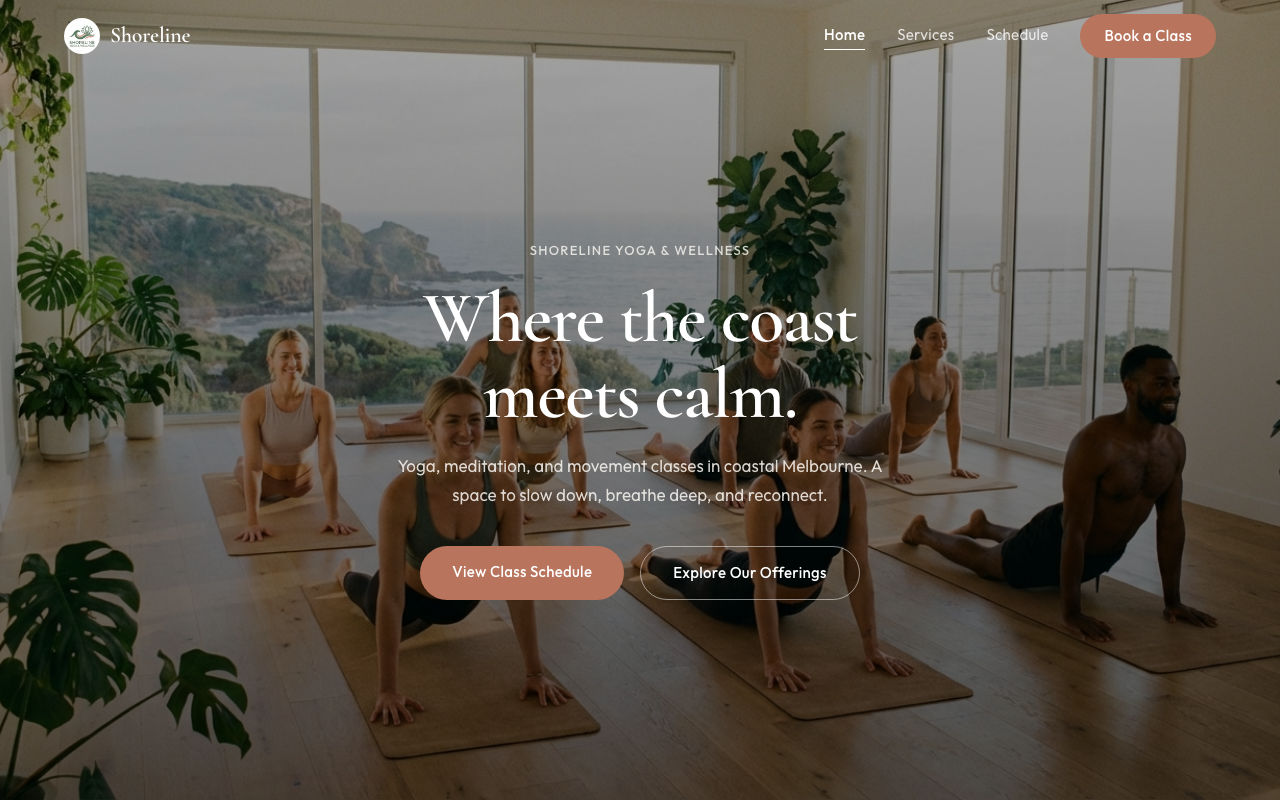 Shoreline Yoga & Wellness website homepage screenshot